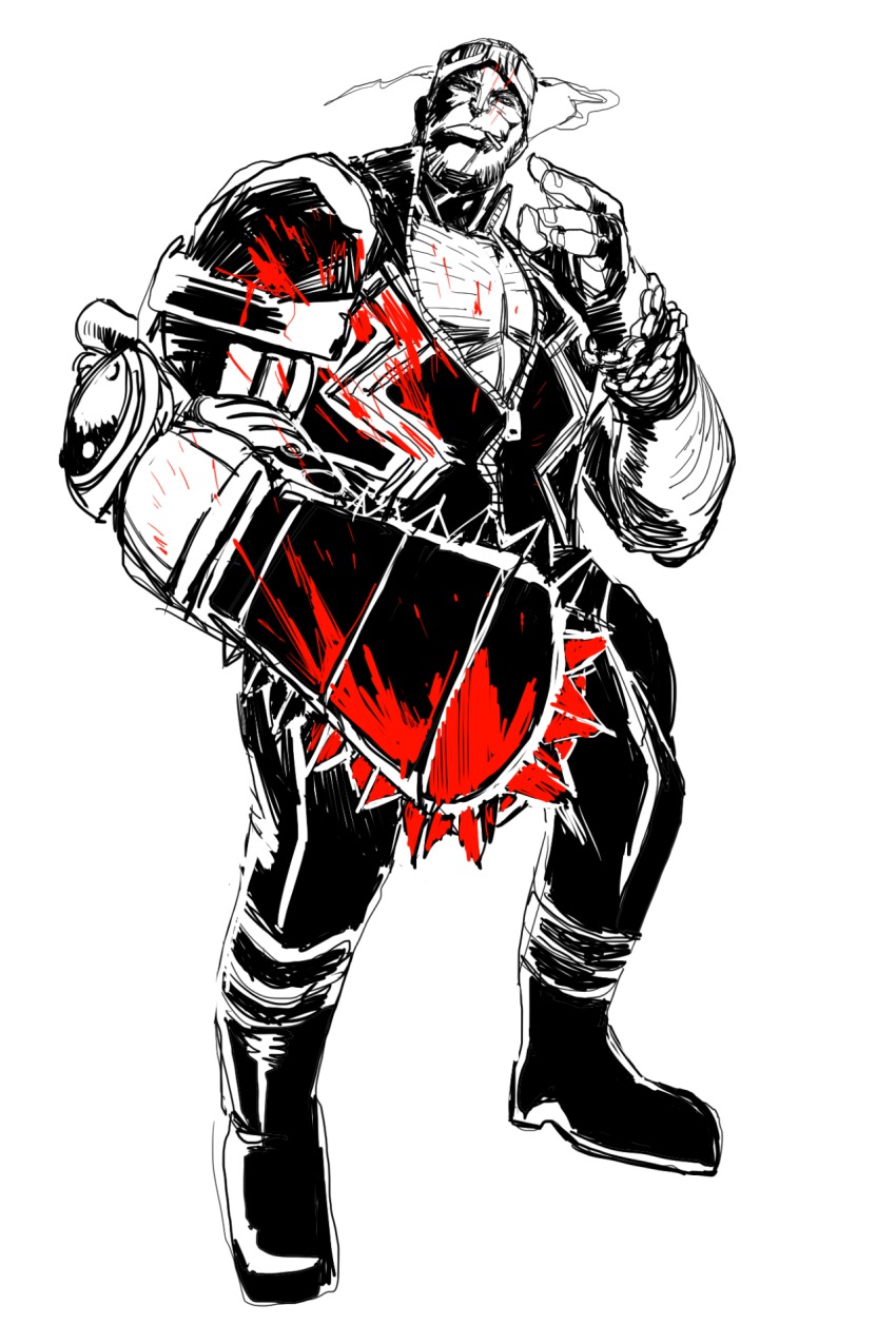 1boy bad_id bad_tumblr_id blood blood_splatter brekkist chainsaw cigarette goggles goggles_on_head highres jack_cayman madworld male_focus manly max_anarchy monochrome prosthesis smoking solo spot_color