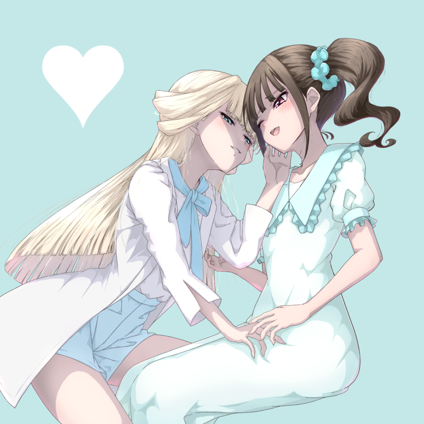 2girls aqua_dress aqua_scrunchie blonde_hair blue_eyes blue_neckerchief blue_shorts blush brown_hair dress highres hitofudegaki_usagi jacket long_hair long_sleeves multiple_girls neckerchief nekoyashiki_mayu nekoyashiki_yuki one_eye_closed open_clothes open_jacket open_mouth precure red_eyes scrunchie shirt shorts side_ponytail smile white_jacket white_shirt wonderful_precure! yuri