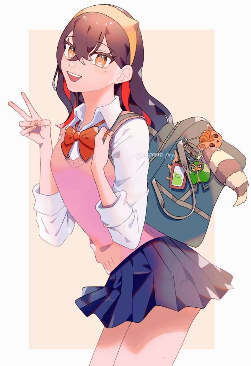 1girl :d alternate_costume bag border bow bowtie brown_eyes carmine_(pokemon) character_doll collared_shirt commentary_request crossed_bangs eyelashes furret gen_1_pokemon gen_2_pokemon hair_between_eyes hands_up happy highres nintendo ogerpon open_mouth pink_vest pleated_skirt pokemon pokemon_sv school_uniform shirt skirt smile solo teeth three-quarter_sleeves upper_teeth_only v vest vulpix white_border white_shirt woppero_prpr zipper
