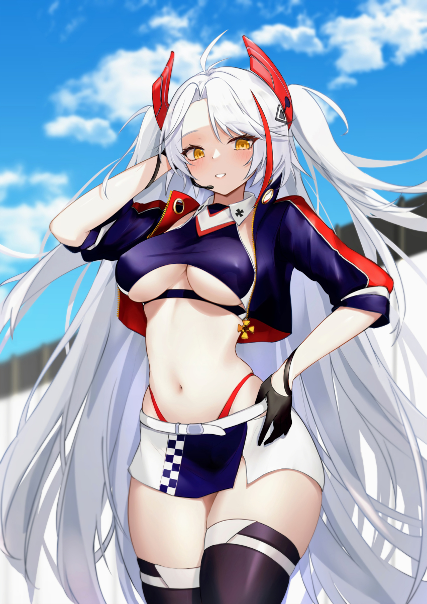 1girl antenna_hair arm_behind_head azur_lane belt black_boots black_gloves blue_sky blunt_bangs blurry blurry_background blush boots breasts clothing_cutout cloud collared_shirt commentary cowboy_shot crop_top cropped_jacket cropped_shirt cross day earpiece gloves hair_between_eyes half_gloves hand_on_own_hip headgear highres iron_cross jacket large_breasts long_hair looking_at_viewer midriff multicolored_hair navel official_alternate_costume open_clothes open_jacket orange_eyes outdoors panties parted_lips prinz_eugen_(azur_lane) prinz_eugen_(final_lap)_(azur_lane) purple_jacket purple_shirt purple_skirt race_queen red_hair red_panties ru_yan shirt short_sleeves sidelocks skindentation skirt sky sleeveless sleeveless_shirt smile solo standing streaked_hair swept_bangs thigh_boots thighhighs two-tone_skirt two_side_up underboob underboob_cutout underwear very_long_hair white_belt white_skirt zettai_ryouiki
