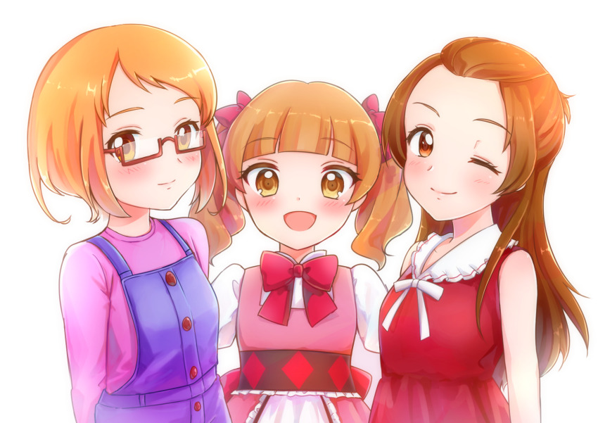 3girls aisaki_emiru blue_overalls blunt_bangs bow bowtie brown_hair closed_mouth collared_dress commentary dokidoki!_precure dress glasses hair_bow highres hugtto!_precure in-franchise_crossover long_hair long_sleeves looking_at_viewer madoka_aguri medium_hair multiple_girls naganegisha neck_ribbon one_eye_closed open_mouth orange_eyes orange_hair overalls pink_dress pink_shirt precure puffy_short_sleeves puffy_sleeves red-framed_eyewear red_bow red_bowtie red_dress red_eyes ribbon semi-rimless_eyewear shirabe_ako shirt short_hair short_sleeves side-by-side simple_background sleeveless sleeveless_dress smile suite_precure trait_connection twintails under-rim_eyewear white_background white_ribbon