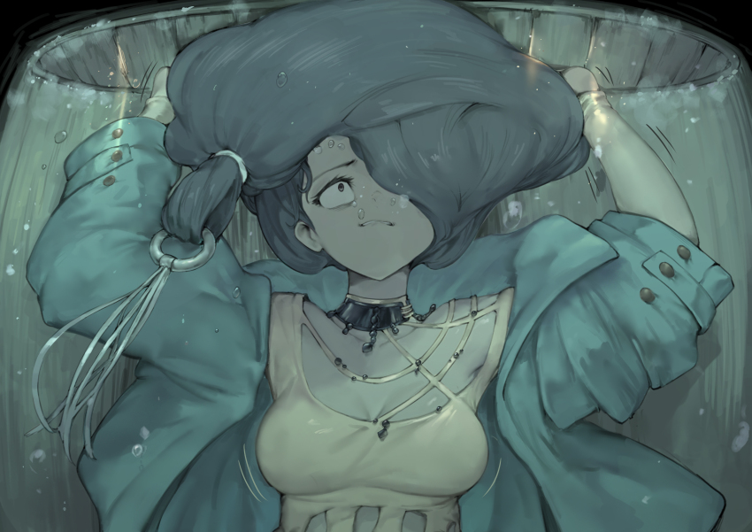1girl absurdres arms_up baggy_clothes blouse brown_hair bubble choker hair_ornament hair_over_one_eye highres jacket kaalaa_baunaa lid long_hair looking_up reverse:1999 rou_(rou22) shirt trapped underwater vat