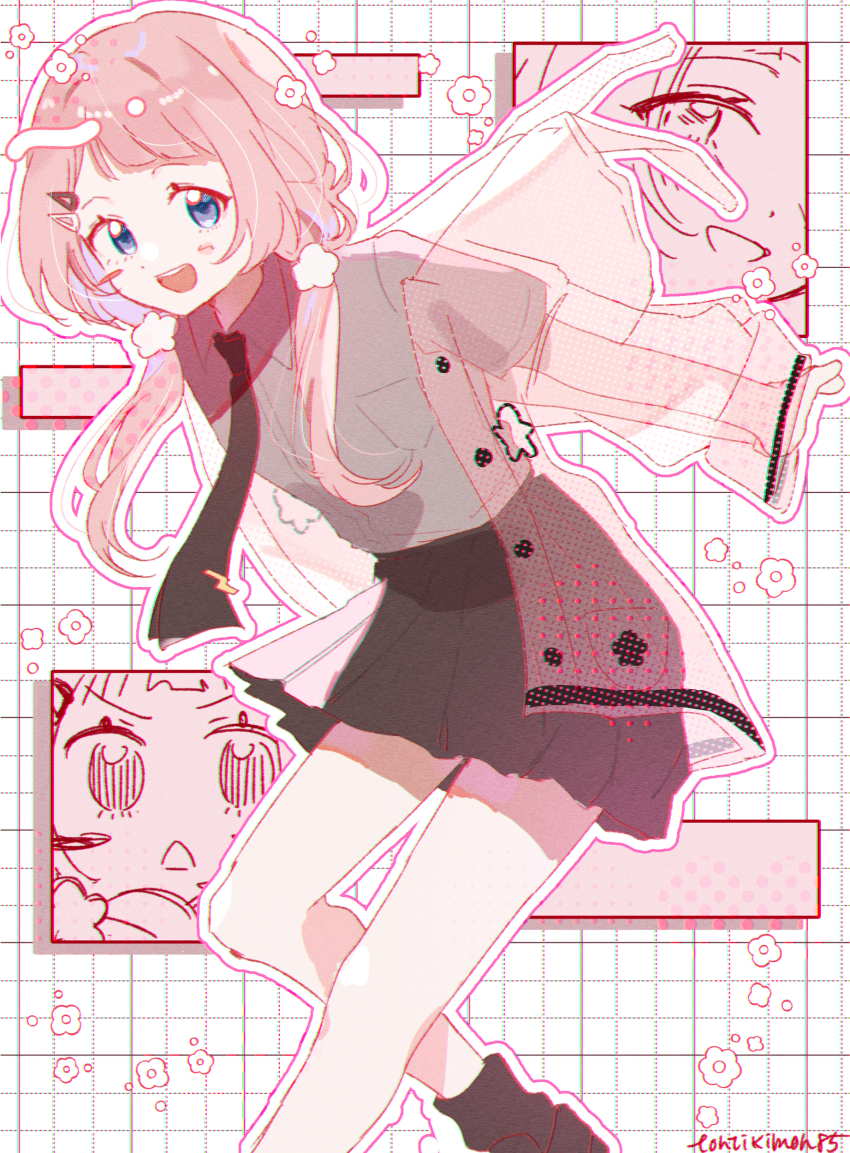 1girl absurdres black_necktie black_skirt black_socks blue_eyes grey_shirt highres hood hood_down kuritiizu looking_at_viewer necktie nijisanji open_mouth outline pink_hair see-through_clothes shirt signature skirt socks solo suo_sango teeth upper_teeth_only virtual_youtuber white_outline