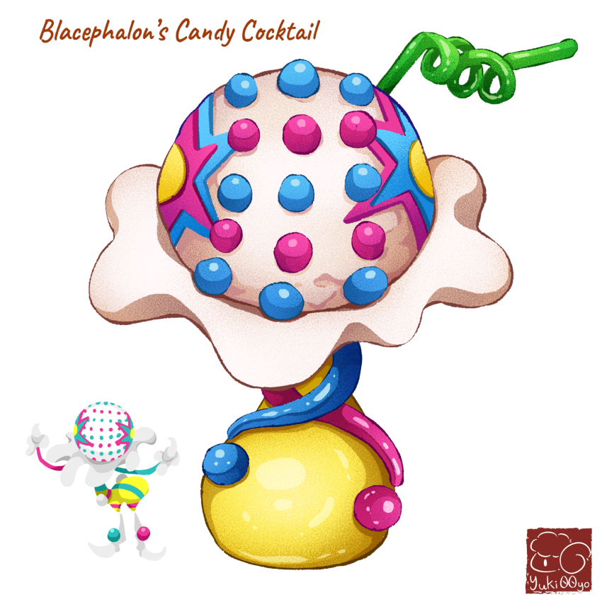 artist_logo artist_name bendy_straw blacephalon candy character-themed_food character_name cocktail cup drinking_straw food food_focus food_name gen_7_pokemon highres logo nintendo no_humans pokemon simple_background ultra_beast white_background yuki00yo