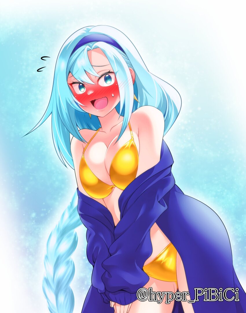 1girl @_@ artist_name artmagia_finemelt bare_shoulders bikini blue_coat blue_eyes blue_hair blush braid breasts cleavage coat duel_monster embarrassed gold_bikini highres large_breasts long_hair looking_at_viewer off_shoulder open_mouth p-b-c_(dark_matter_kakine) solo swimsuit twitter_username very_long_hair yu-gi-oh!