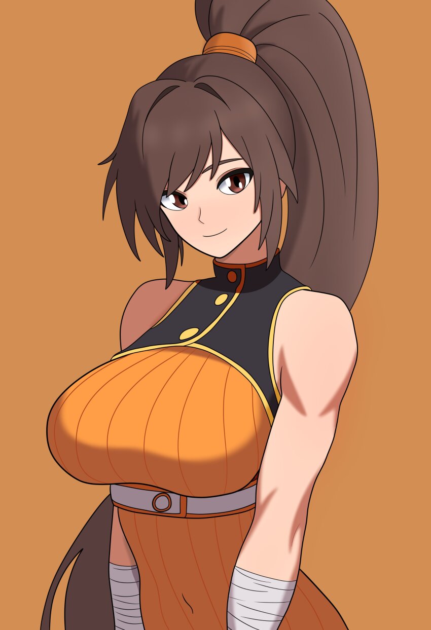 1girl absurdres bare_shoulders bojack198 breasts brown_eyes brown_hair cowboy_shot dress dungeon_and_fighter female_fighter_(dungeon_and_fighter) female_striker_(dungeon_and_fighter) high_ponytail highres large_breasts long_hair orange_background orange_dress ponytail simple_background sleeveless sleeveless_dress solo very_long_hair
