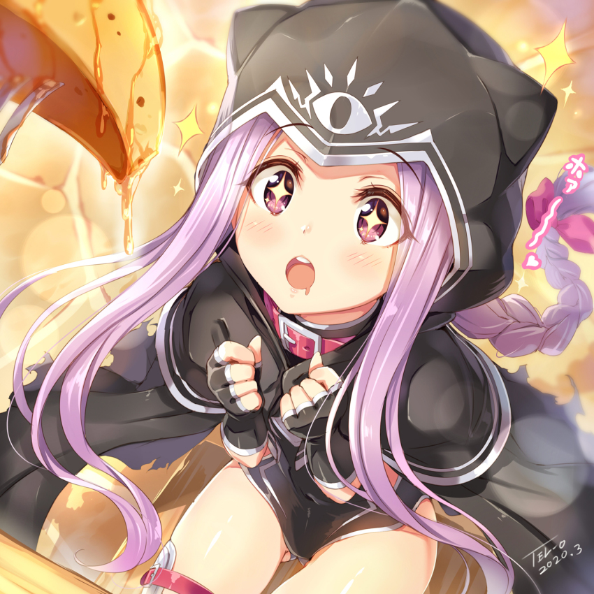 1girl aged_down black_capelet black_cloak black_gloves black_leotard blush breasts capelet cloak collar covered_navel fate/grand_order fate_(series) female_focus fingerless_gloves food fork gloves highres hood hood_up hooded_cloak leotard long_braid long_hair medusa_(fate) medusa_(lancer)_(fate) medusa_(rider)_(fate) open_mouth pancake parted_bangs purple_eyes purple_hair red_collar rider sidelocks solo sparkle syrup tel-o thighs very_long_hair