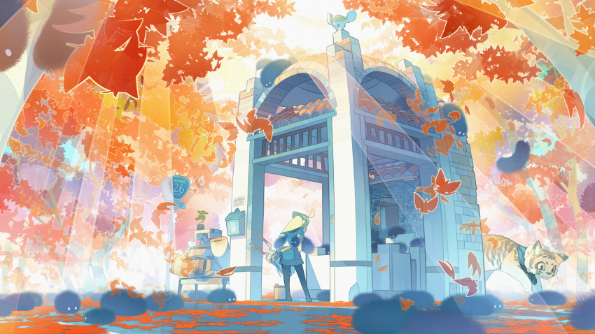 1girl ahoge akitsu_taira animal autumn_leaves bird blonde_hair bug cat caterpillar commentary drinking_fountain highres izumi_luna_(akitsu_taira) leaf light_rays long_hair original scabbard sheath sign sunlight sword tiger weapon well