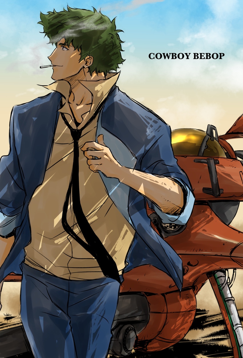 1boy absurdres cigarette cowboy_bebop green_hair highres light light_smile messy_hair necktie shadow shirt smoke smoking solo spacecraft spike_spiegel spiked_hair swordfish_ii tobalin yellow_shirt