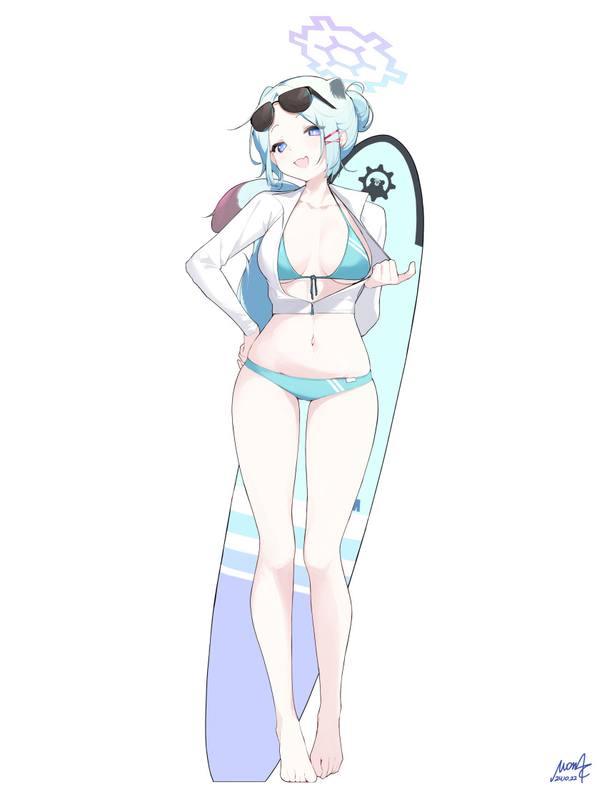 1girl absurdres alternate_costume alternate_hairstyle animal_ears aqua_bikini aqua_hair bare_legs barefoot bikini bikini_under_clothes blue_archive blue_halo breasts bright_pupils center_opening commentary cropped_jacket eyewear_on_head fang hair_bun hair_ornament halo hand_on_own_hip highres jacket looking_at_viewer medium_breasts mona_kkkk navel open_mouth purple_eyes raglan_sleeves shigure_(blue_archive) short_hair signature simple_background single_hair_bun skin_fang smile solo standing sunglasses surfboard swimsuit tail thighs toes weasel_ears weasel_girl weasel_tail white_background white_jacket white_pupils