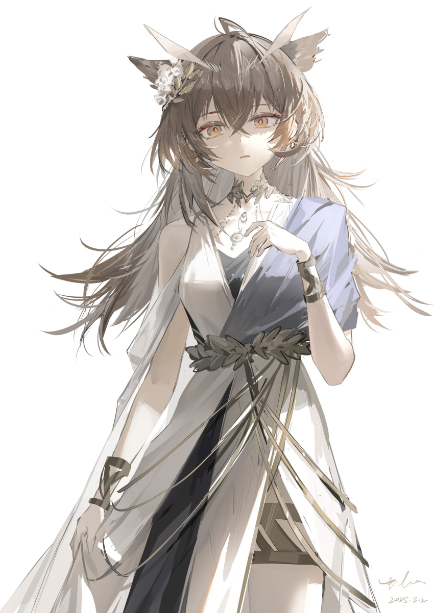 1girl absurdres ahoge alternate_costume arknights asymmetrical_dress black_dress bracelet brown_eyes brown_hair collar collarbone cowboy_shot dated dress earrings feather_hair hair_between_eyes hand_up highres jewelry layered_dress long_hair looking_at_viewer luozhou_pile olive_branch parted_lips purple_dress short_sleeves signature silence_(arknights) silence_the_paradigmatic_(arknights) single_bare_shoulder skirt_hold solo straight-on thighlet unkempt white_background white_dress