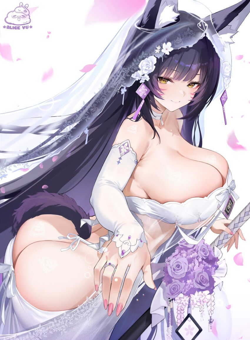 1girl absurdres alice_vu animal_ear_fluff animal_ears ass ass_cutout azur_lane bare_shoulders black_hair blush bouquet breasts bridal_gauntlets bridal_veil bride butt_crack closed_mouth clothing_cutout commentary dress ears_through_headwear facial_mark fingernails flower fox_ears fox_girl fox_tail from_side highres jewelry large_breasts long_hair looking_at_viewer musashi_(azur_lane) musashi_(purest_wisteria)_(azur_lane) official_alternate_costume pink_nails purple_flower purple_rose ring rose see-through_clothes see-through_dress sideboob sideless_dress smile solo tail veil very_long_hair wedding_dress wedding_ring whisker_markings white_bridal_gauntlets white_dress yellow_eyes