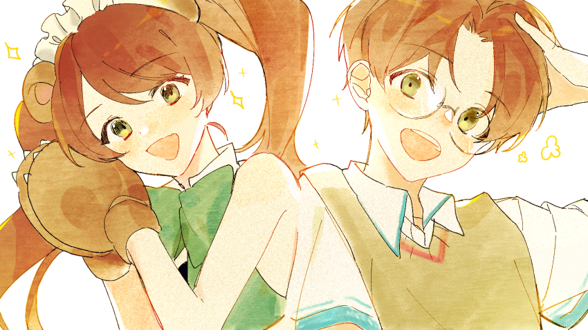 1boy 1girl :d animal_hands bow brown_hair creator_connection glasses gloves green_bow green_eyes highres jinnai_enta open_mouth paran_(paran_b) paw_gloves sarazanmai short_sleeves simple_background smile sweater_vest trait_connection twintails upper_body yuri_kuma_arashi yurigasaki_lulu