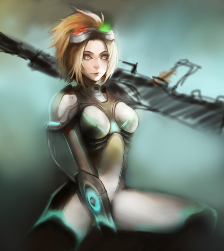 1girl armor blonde_hair bodysuit center_opening female_focus ghost_(starcraft) goggles goggles_on_head gun head-mounted_display highres lips neon_trim nose nova_(starcraft) ponytail rifle skin_tight solo starcraft terran tetsu_(aurvandil) weapon