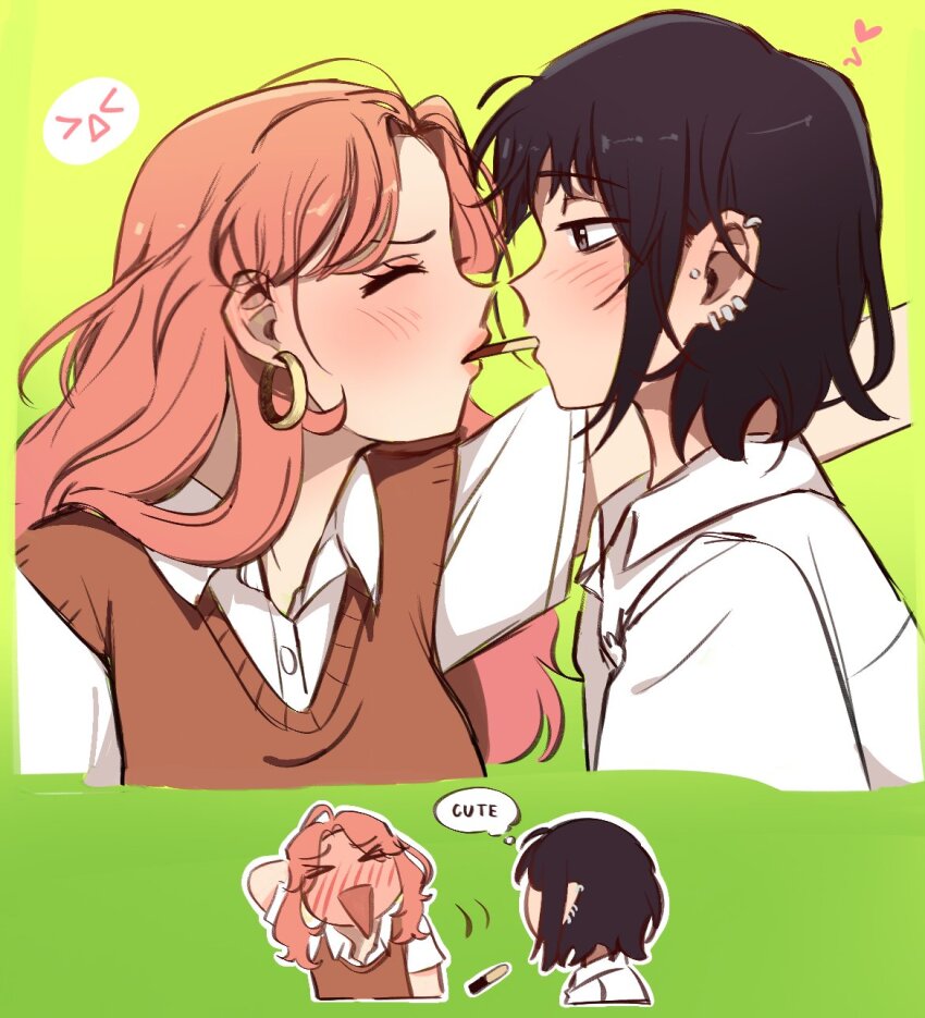 2girls arm_behind_head black_hair blush bnfrnae brown_sweater_vest closed_eyes collared_shirt commentary ear_piercing earrings english_commentary english_text flustered food food_in_mouth green_background highres hoop_earrings jewelry kininatteru_hito_ga_otoko_ja_nakatta multiple_girls piercing pink_hair pocky pocky_in_mouth pocky_kiss shared_food shirt short_hair sweater_vest triangle_mouth white_shirt yuri