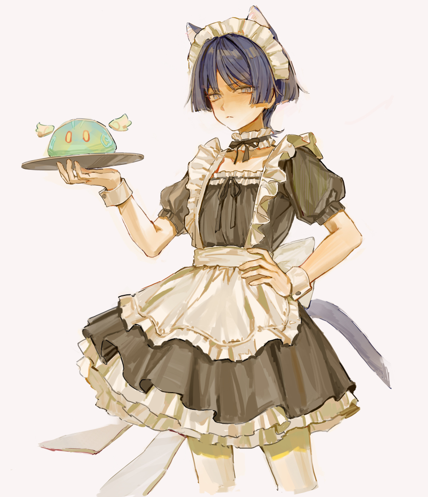 1boy absurdres alternate_costume anemo_slime_(genshin_impact) animal_ears apron back_bow black_dress black_ribbon blue_eyes blunt_ends bow buttons cat_ears cat_tail chinese_commentary closed_mouth collar commentary_request creature crossdressing crossdressing_(mtf) detached_collar dress enmaided fingernails frilled_collar frills genshin_impact hand_on_own_hip hand_up highres holding holding_tray kemonomimi_mode lic_617 looking_at_viewer maid maid_day maid_headdress male_focus neck_ribbon pantyhose parted_bangs puffy_short_sleeves puffy_sleeves purple_hair ribbon scaramouche_(genshin_impact) seelie_(genshin_impact) short_hair short_sleeves simple_background slime_(genshin_impact) solo standing tail tray v-shaped_eyebrows white_apron white_background white_bow white_pantyhose wrist_cuffs