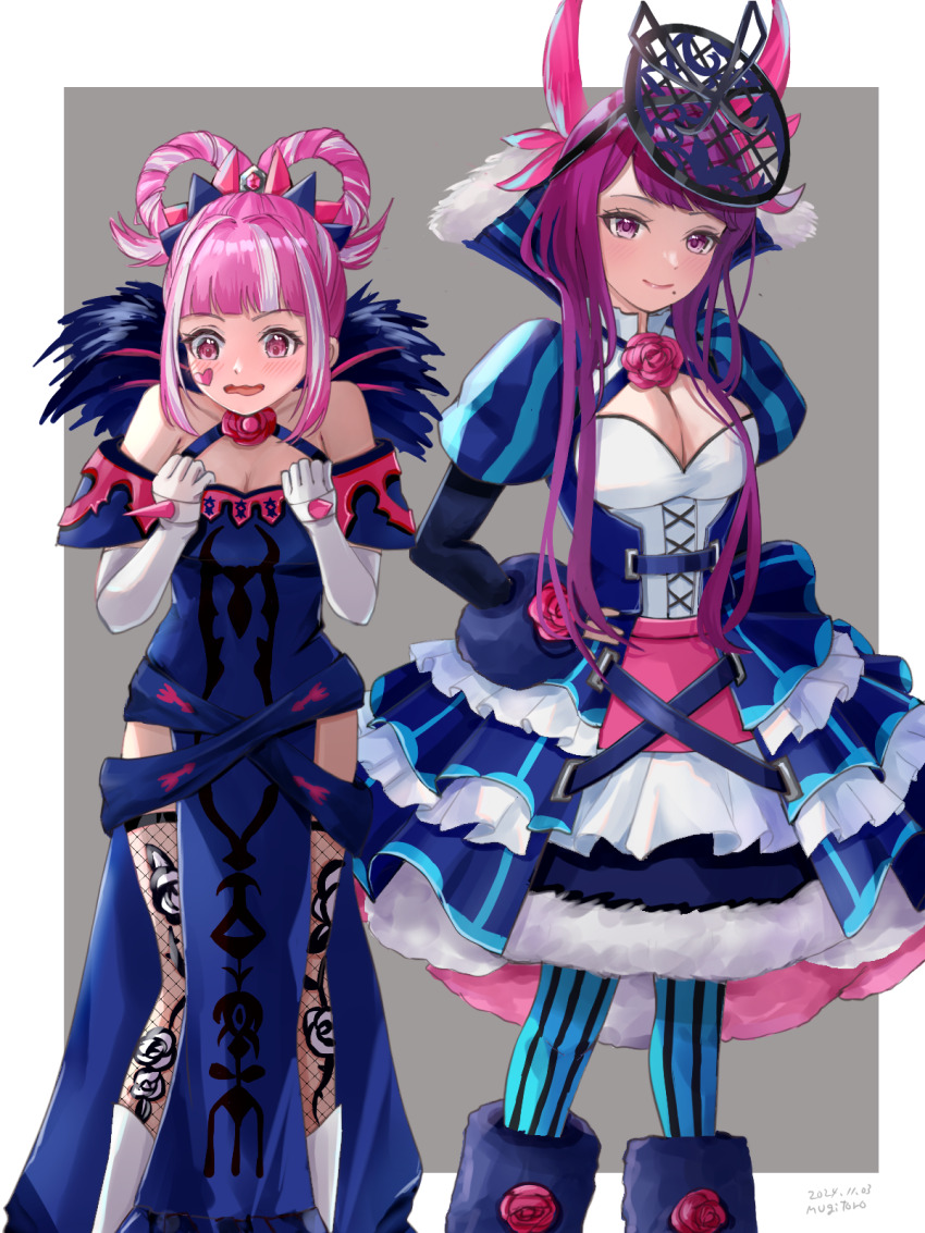 2girls bare_shoulders blue_dress blue_pantyhose blunt_bangs blush breasts cleavage cosplay costume_switch dress elbow_gloves facial_mark fascinator feet_out_of_frame fire_emblem fire_emblem_engage fishnet_thighhighs fishnets gloves halter_dress halterneck heart highres hortensia_(fire_emblem) hortensia_(fire_emblem)_(cosplay) ivy_(fire_emblem) ivy_(fire_emblem)_(cosplay) juliet_sleeves long_hair long_sleeves mole mole_under_mouth mugitoro_(dsfv2277) multicolored_hair multiple_girls nintendo off-shoulder_dress off_shoulder open_mouth pantyhose pelvic_curtain pink_eyes pink_hair puffy_sleeves purple_eyes purple_hair short_sleeves siblings sisters standing streaked_hair striped_clothes thighhighs vertical-striped_clothes very_long_hair white_gloves white_hair