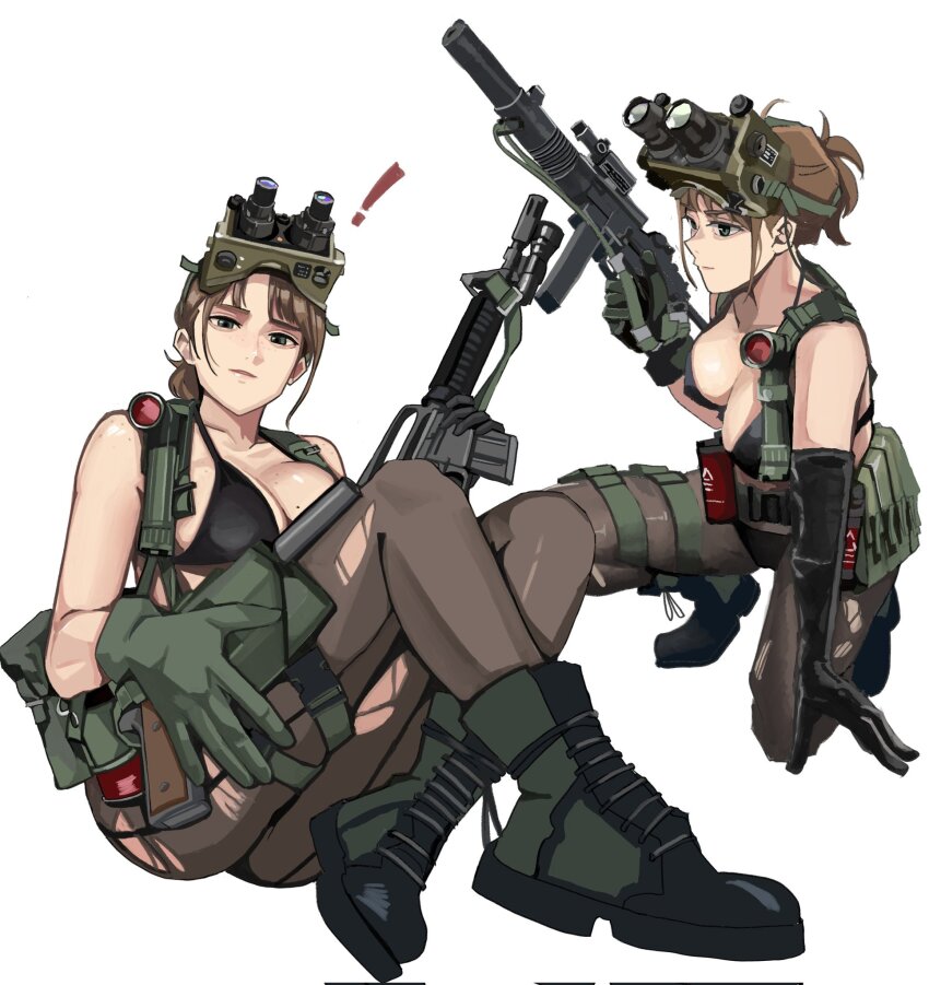 ! 1girl ass assault_rifle black_pantyhose body_freckles boots breasts brown_hair cleavage closed_mouth colt_commando combat_boots eyewear_on_head freckles gloves gun handgun highres m1911 medium_breasts metal_gear_(series) metal_gear_solid_v:_the_phantom_pain multiple_views night_vision_device pantyhose quiet_(metal_gear) rifle simple_background smile squatting torn_clothes torn_pantyhose wani_(perfect_han) weapon white_background