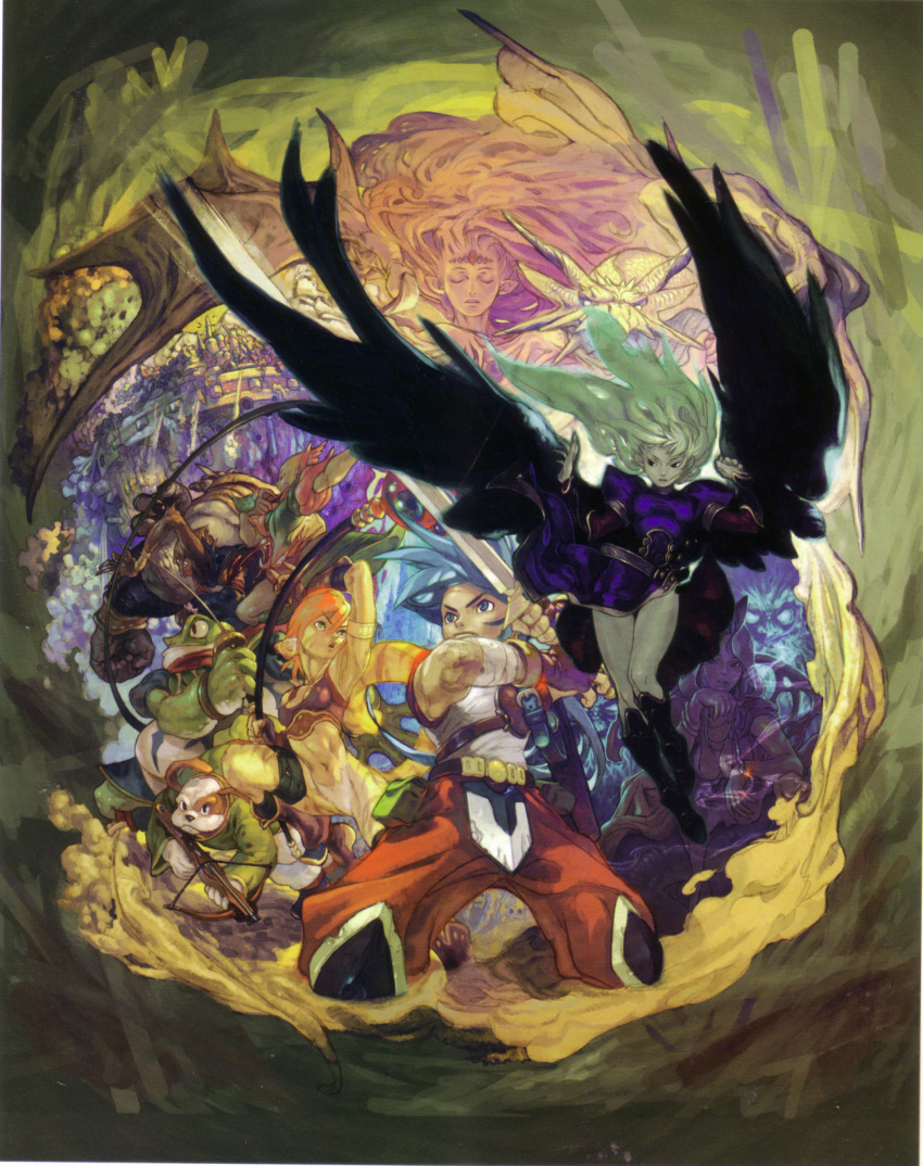 absurdres black_wings bow_(breath_of_fire) bow_(weapon) breath_of_fire breath_of_fire_complete_works breath_of_fire_ii capcom crossbow ekaru_hoppe_de_pe_tapeta highres nina_(breath_of_fire_ii) official_art rand_marks rinpoo_chuan ryu_(breath_of_fire_ii) spar sten_legacy sword tagme weapon wings yoshikawa_tatsuya