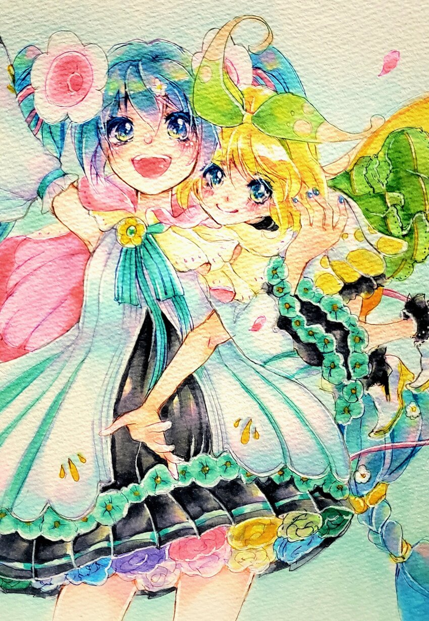 2girls :d absurdres aqua_eyes aqua_flower aqua_hair aqua_rose blonde_hair blue_eyes blue_flower blue_nails blue_rose blush boots bow braid brooch capelet cheek-to-cheek detached_sleeves dress flower flower_brooch flower_dress green_bow hair_between_eyes hair_bow hair_flower hair_ornament hatsune_miku heads_together high_heel_boots high_heels highres hug hug_from_behind jewelry kagamine_rin large_bow long_hair looking_at_viewer magical_mirai_(vocaloid) magical_mirai_miku magical_mirai_miku_(2021) magical_mirai_rin magical_mirai_rin_(2021) miku_day mimi_mine multiple_girls open_mouth painting_(medium) pink_capelet pink_flower pink_rose pleated_dress pointy_footwear purple_flower purple_rose ribbon-trimmed_sleeves ribbon_trim rose smile traditional_media twin_braids very_long_hair vocaloid watercolor_(medium) white_footwear yellow_flower yellow_rose