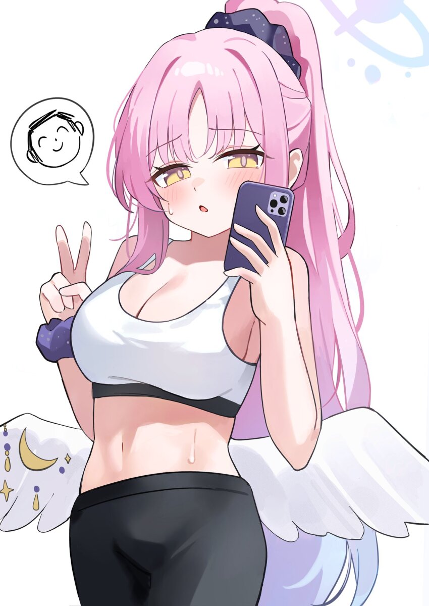 1girl alternate_hair_length alternate_hairstyle bare_shoulders black_pants blue_archive blue_hair blush breasts cellphone cleavage commentary_request crop_top doodle_sensei_(blue_archive) gradient_hair halo hands_up high_ponytail highres holding holding_phone large_breasts long_hair looking_at_viewer low_wings mika_(blue_archive) muki_c multicolored_hair navel pants phone pink_hair ponytail sensei_(blue_archive) solo speech_bubble stomach sweat v very_long_hair white_wings wings yellow_eyes