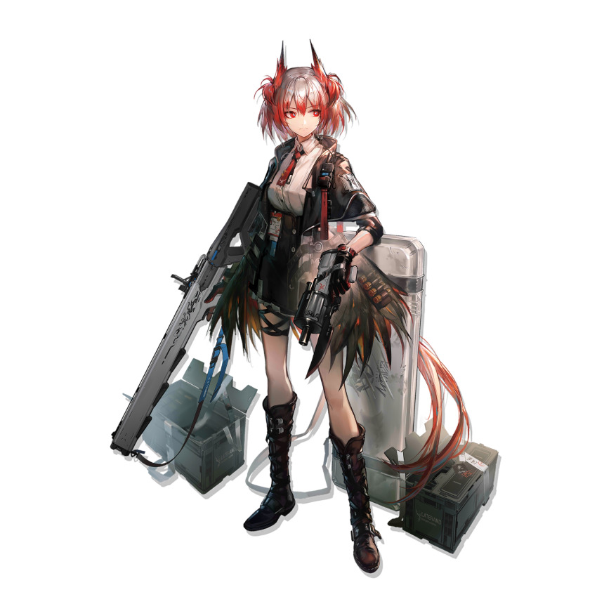 1girl arknights black_boots black_jacket black_skirt boots fiammetta_(arknights) full_body gun highres holding holding_gun holding_weapon huanxiang_heitu jacket looking_to_the_side necktie official_art open_clothes open_jacket pointy_hair red_eyes red_hair red_necktie shirt short_hair skirt solo standing transparent_background weapon white_shirt