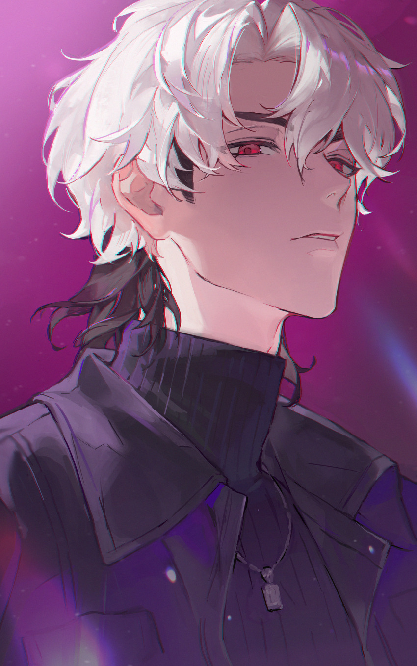 1boy absurdres black_jacket eunho_(plave) hair_between_eyes highres jacket jewelry k-pop light_particles looking_at_viewer male_focus multicolored_hair necklace parted_bangs parted_lips plave purple_background red_eyes turtleneck two-tone_hair upper_body ven0305 white_hair