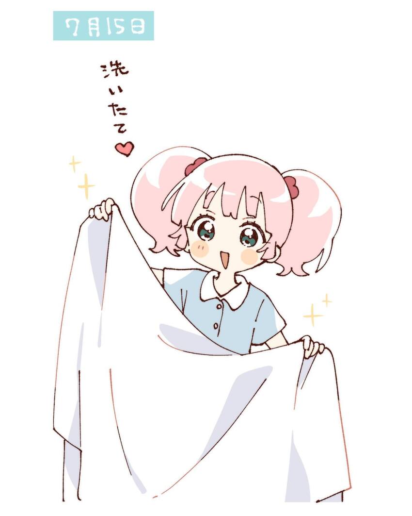 1girl :d blanket blue_shirt blunt_bangs blush_stickers collared_shirt commentary_request contrast_collar green_eyes hair_bobbles hair_ornament highres holding holding_blanket looking_at_viewer namori open_mouth pink_hair shirt short_hair short_sleeves simple_background smile solo sparkle translation_request twintails upper_body white_background yoshikawa_chinatsu yuru_yuri
