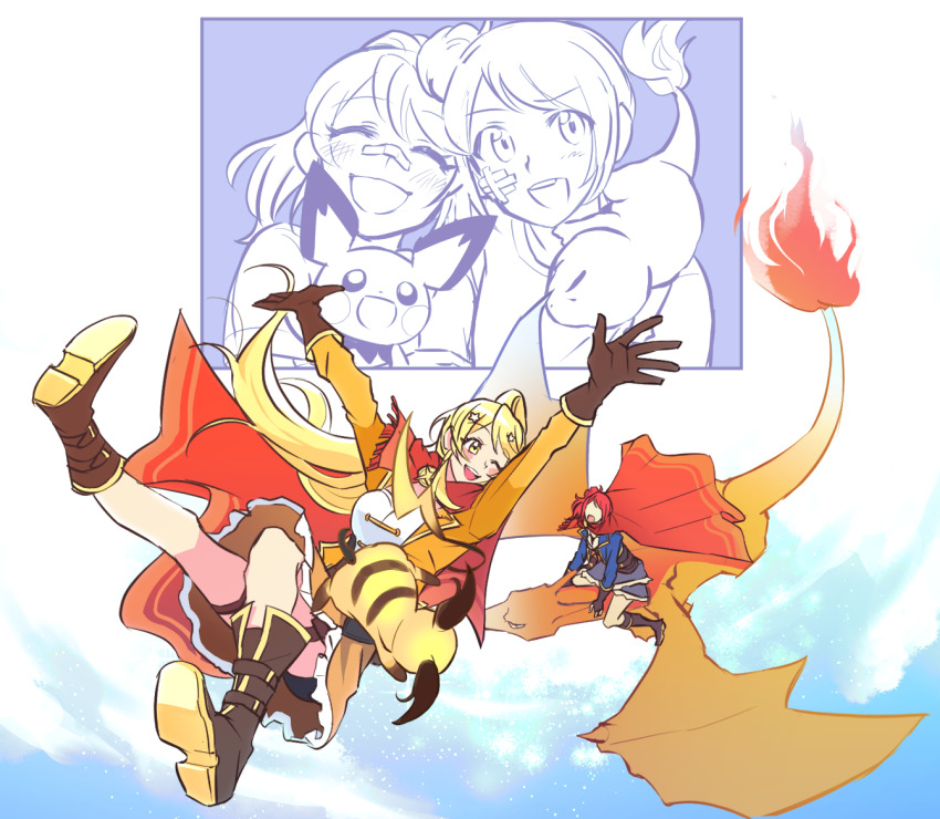 2girls :d ^_^ age_progression bandaid bandaid_on_face bandaid_on_nose belt belt_boots blonde_hair blue_jacket blush_stickers boots brown_belt brown_boots brown_gloves brown_skirt cape charizard charmander closed_eyes commentary_request crossover dee0333 facing_another falling fingerless_gloves fire floating_hair flying frilled_skirt frills gauze gauze_on_cheek gen_1_pokemon gen_2_pokemon gloves hair_ornament high_ponytail holding holding_pokemon hug inset jacket kano_misora knee_up korean_commentary lapels layered_skirt leg_up long_hair long_sleeves looking_at_viewer looking_back medium_hair midair miniskirt multiple_girls nintendo no_eyes notched_lapels on_shoulder one_eye_closed ootsuki_aruru open_clothes open_jacket open_mouth orange_jacket outstretched_arms outstretched_hand partially_colored pichu pokemon pokemon_(creature) pokemon_on_shoulder ponytail purple_skirt raichu red_cape shirt short_sleeves shoujo_kageki_revue_starlight shoujo_kageki_revue_starlight_-re_live- side-by-side side_ponytail skirt sky smile star_(symbol) star_hair_ornament teeth thigh_belt thigh_strap upper_teeth_only white_shirt yellow_eyes