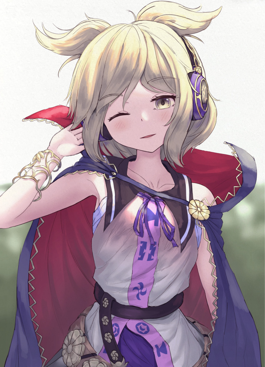 1girl black_sailor_collar bracelet brown_eyes brown_hair cape chest_sarashi collarbone commentary cowboy_shot dress earmuffs highres jewelry one_eye_closed pointy_hair purple_cape pygrenix sailor_collar sarashi sleeveless sleeveless_dress solo touhou toyosatomimi_no_miko upper_body white_background