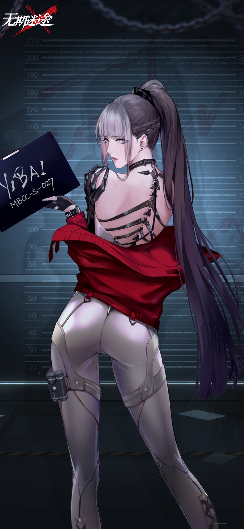 1girl absurdres ass backless_outfit bai_yi_(path_to_nowhere) belt black_gloves blue_eyes blunt_bangs braid chain character_name copyright_name feet_out_of_frame fingerless_gloves french_braid from_behind gloves grey_hair hand_up height_mark high_ponytail highres holding holding_sign indoors jacket leaning_to_the_side logo long_hair looking_at_viewer looking_back mugshot off_shoulder official_art official_wallpaper pants parted_lips path_to_nowhere ponytail prison_clothes red_jacket sign solo thigh_belt thigh_strap tight_clothes tight_pants turning_head very_long_hair white_pants