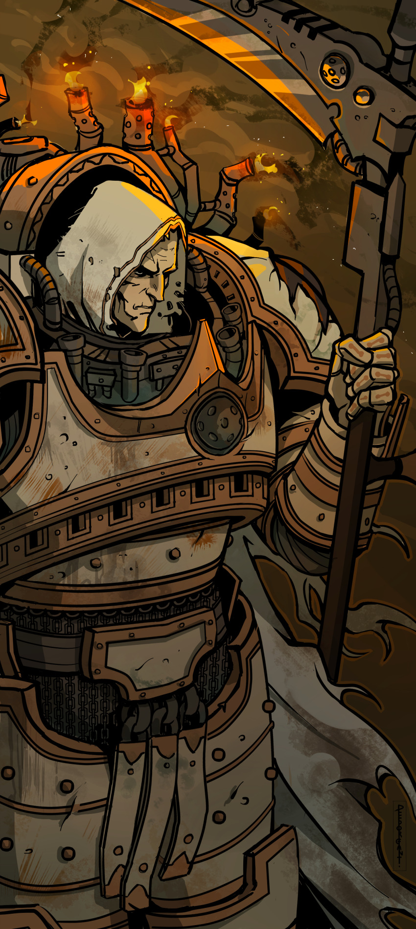 1boy absurdres annoyed armor breastplate chain chainmail closed_mouth commentary couter cuirass death_guard dirty english_commentary gauntlets grey_armor highres holding holding_scythe hood leg_armor male_focus mortarion natalia_kikicheva outdoors pauldrons pelvic_curtain poleyn power_armor primarch rerebrace scythe shoulder_armor silence_(weapon) smokestack solo stain stained_armor studded_armor torn_clothes warhammer_40k white_armor white_hood