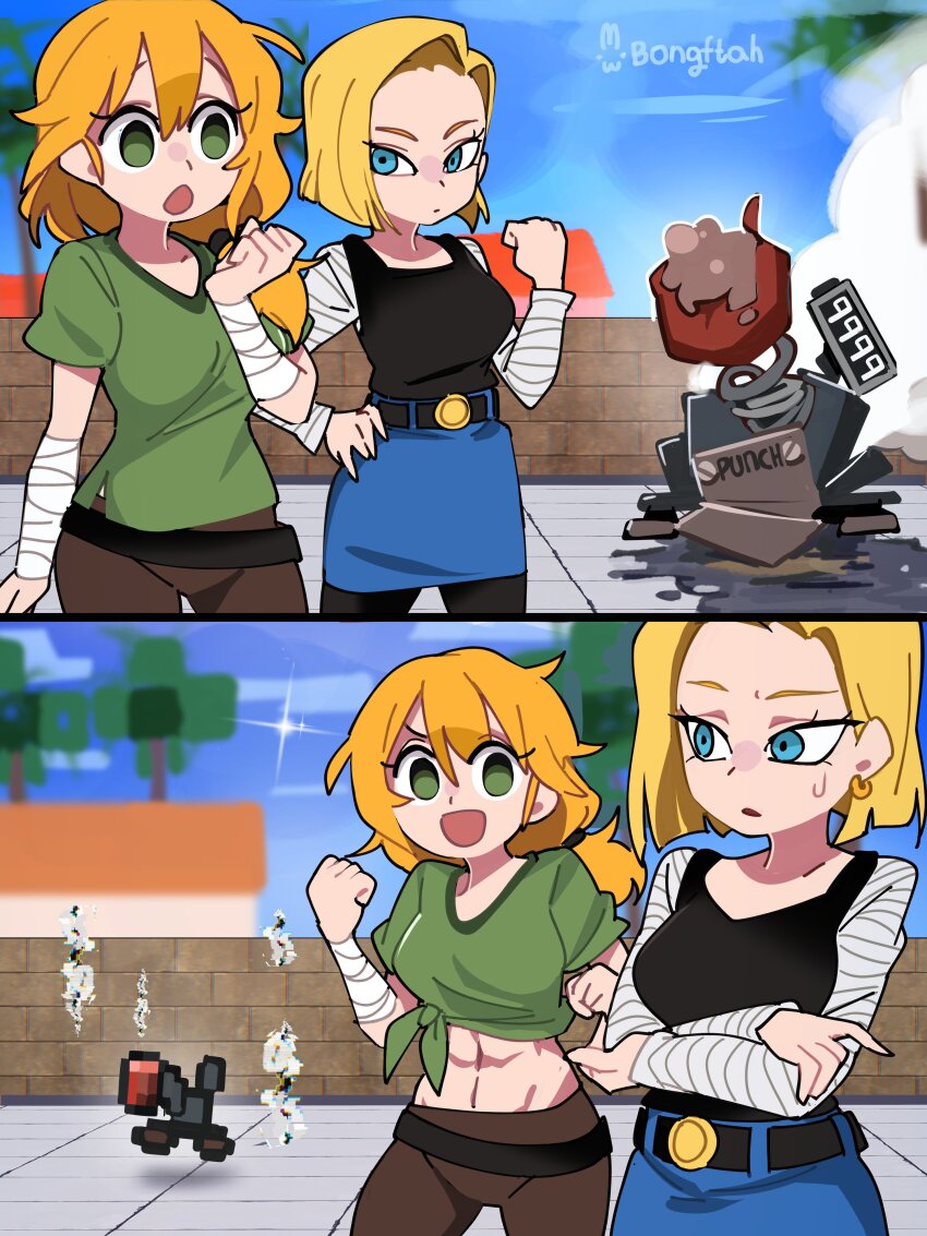 2girls :d abs absurdres alex_(minecraft) android_18 artist_name black_shirt blonde_hair blue_eyes blue_skirt blue_sky bongftah breasts brown_pants cloud commentary crossover day dragon_ball dragonball_z earrings green_eyes highres jewelry looking_at_another medium_breasts medium_hair midriff minecraft multiple_girls navel open_mouth outdoors pants pixelated shirt short_hair skirt sky smile striped_sleeves symbol-only_commentary white_sleeves