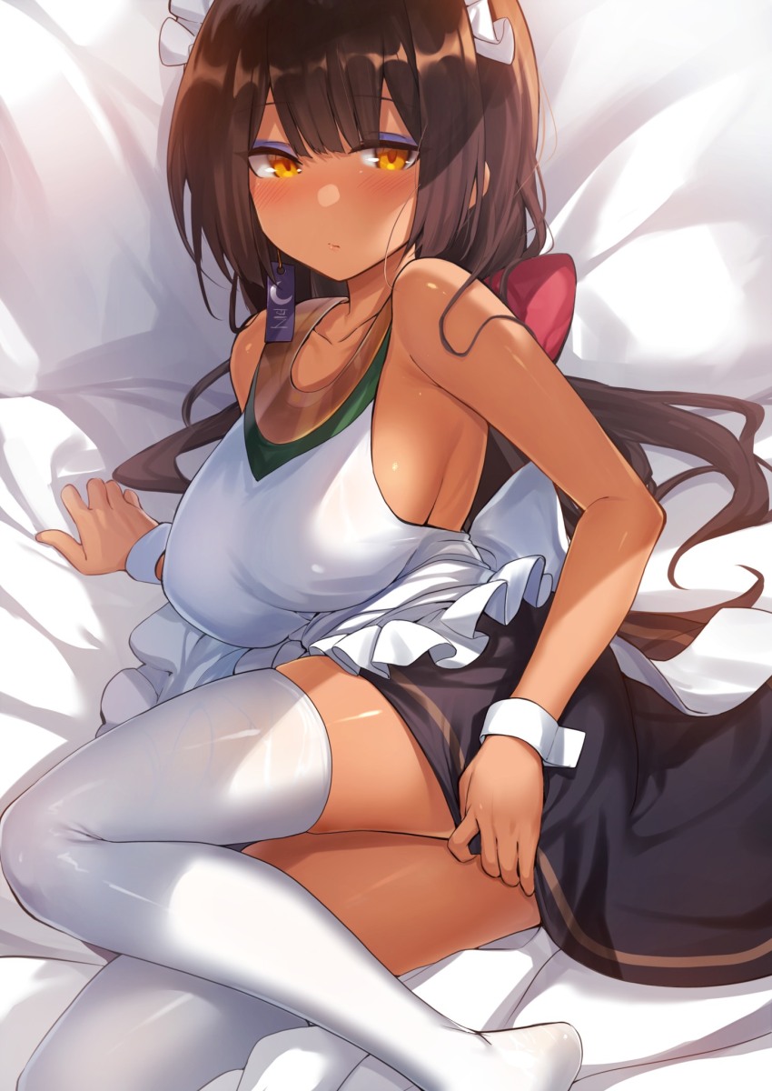 1girl bare_arms bare_shoulders bed_sheet black_hair blush breasts closed_mouth commentary_request dark-skinned_female dark_skin highres kuan_wei_lin lady_and_the_papyrus large_breasts long_hair looking_at_viewer lying maid maid_headdress nephthys_(lady_and_the_papyrus) second-party_source sideboob sleeveless solo thighhighs white_thighhighs white_wrist_cuffs wrist_cuffs yellow_eyes zettai_ryouiki