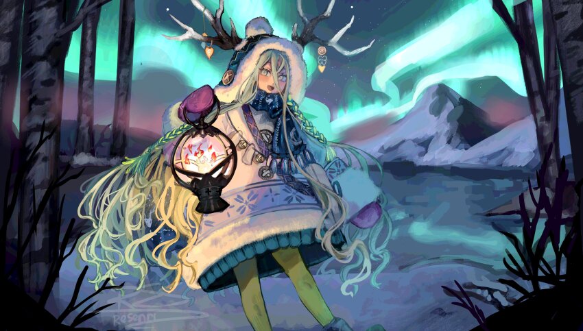 1girl absurdres antler_ornament antlers antlers_through_headwear aqua_eyes aqua_hair aurora beanie blue_hat blue_scarf blush fate/grand_order fate_(series) feet_out_of_frame hair_between_eyes hat highres holding_lamp horns long_hair long_sleeves looking_at_viewer louhi_(second_ascension)_(fate) mittens mountain nature open_mouth outdoors pantyhose pom_pom_(clothes) pom_pom_beanie purple_mittens resenri scarf smile snow solo sweater tree wavy_hair white_sweater winter winter_clothes yellow_pantyhose