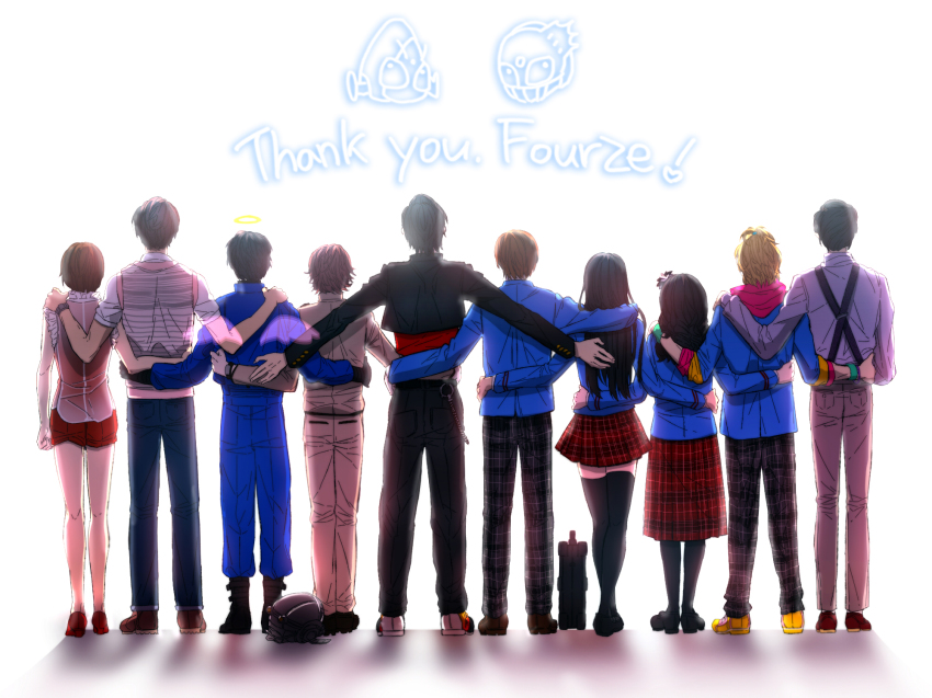 3girls 6+boys angel_wings black_hair brown_hair daimonji_shun emoto_kuniteru english_text flower from_behind gakuran hair_flower hair_ornament halo unworn_headwear helmet unworn_helmet highres jk_(kamen_rider_fourze) joujima_yuuki jumpsuit kamen_rider kamen_rider_fourze kamen_rider_fourze_(series) kamen_rider_meteor kazashiro_miu kisaragi_gentarou lineup long_hair long_sleeves multiple_boys multiple_girls nozama_tomoko ohsugi_chuta pantyhose sakuta_ryusei sakuta_ryuusei scarf school_uniform short_hair skirt spoilers suspenders tachibana_(kamen_rider_fourze) thighhighs utahoshi_kengo wings
