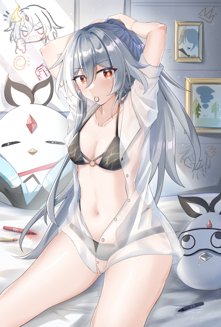 1girl absurdres adjusting_hair armpits black_bra black_panties bra breasts collarbone crayon drawing_(object) drooling grey_hair herrscher_of_sentience highres honkai_(series) honkai_impact_3rd indoors jingwei_(bird) long_hair looking_at_viewer meme navel no_pants on_bed open_clothes open_shirt panties portrait_(object) red_eyes revision see-through_clothes see-through_shirt shirt sitting solo stomach stuffed_animal stuffed_toy teri_derp_(meme) thighs underwear yilisi