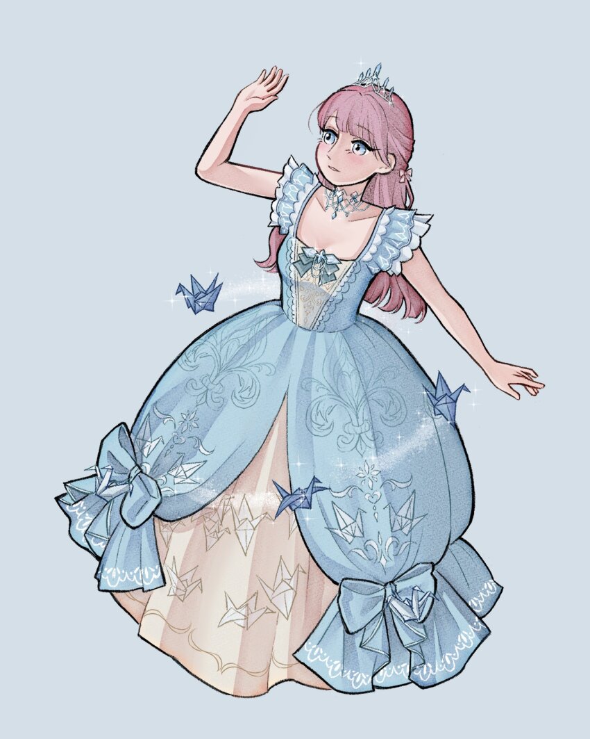 1girl absurdres bare_arms blue_background blue_bow blue_bowtie blue_dress blue_eyes blue_tiara bow bowtie closed_mouth collarbone commentary dress dress_bow english_commentary eyelashes fleur-de-lis frilled_sleeves frills full_body gown hair_bow hand_up highres infinity_nikki jewelry long_dress long_hair necklace nikki_(series) nxnjakat origami paper_crane parted_lips pink_bow pink_hair short_sleeves simple_background smile solo sparkle square_neckline standing telekinesis tiara
