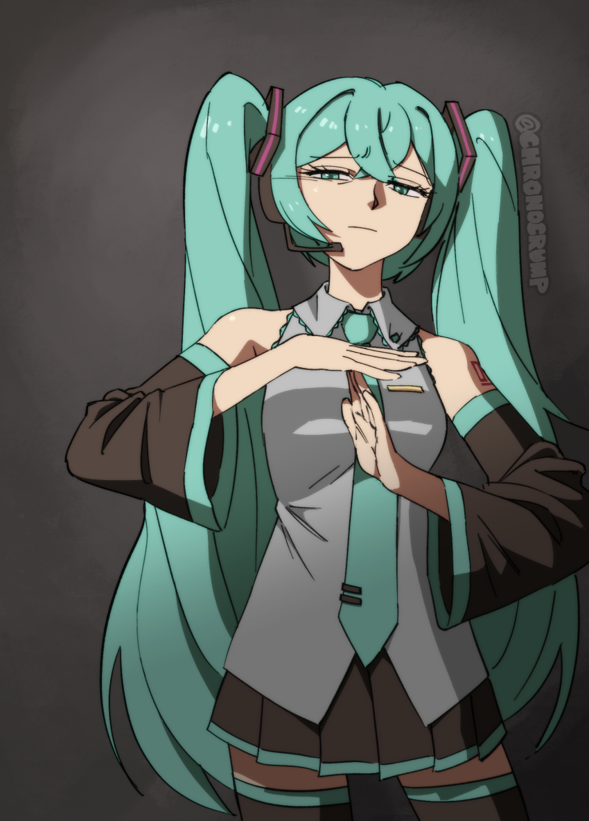 1girl :| aqua_eyes aqua_hair artist_name chronocrump closed_mouth cowboy_shot detached_sleeves furrowed_brow grey_background grey_shirt hands_up hatsune_miku highres long_hair looking_at_viewer meme necktie photo-referenced shaq_timeout_(meme) shirt simple_background skirt sleeveless sleeveless_shirt solo thighhighs time-out_(gesture) twintails twitter_username very_long_hair vocaloid
