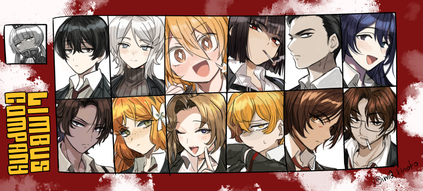 6+boys 6+girls absurdres black_eyes black_gloves black_hair blonde_hair blue_eyes blue_hair charon_(project_moon) cigarette closed_mouth collared_shirt copyright_name don_quixote_(project_moon) faust_(project_moon) glasses gloves gregor_(project_moon) heathcliff_(project_moon) highres hong_lu_(project_moon) ishmael_(project_moon) limbus_company long_hair medu_(rubish) meursault_(project_moon) multiple_boys multiple_girls orange_hair outis_(project_moon) project_moon red_eyes rodion_(project_moon) ryoshu_(project_moon) shirt short_hair sinclair_(project_moon) smile very_long_hair white_shirt yellow_eyes yi_sang_(project_moon)