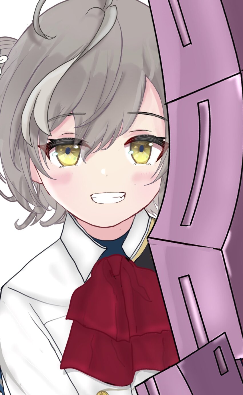 1girl ahoge assault_lily blush borrowed_hairstyle bow bowtie commentary_request ekakisyun fang grey_hair grin hair_between_eyes hair_bun herensuge_girls_academy_school_uniform highres jacket looking_at_viewer multicolored_hair natsume_aimi parted_lips photo-referenced red_bow red_bowtie sasaki_ran school_uniform short_hair smile solo streaked_hair upper_body voice_actor_connection weapon white_jacket yellow_eyes