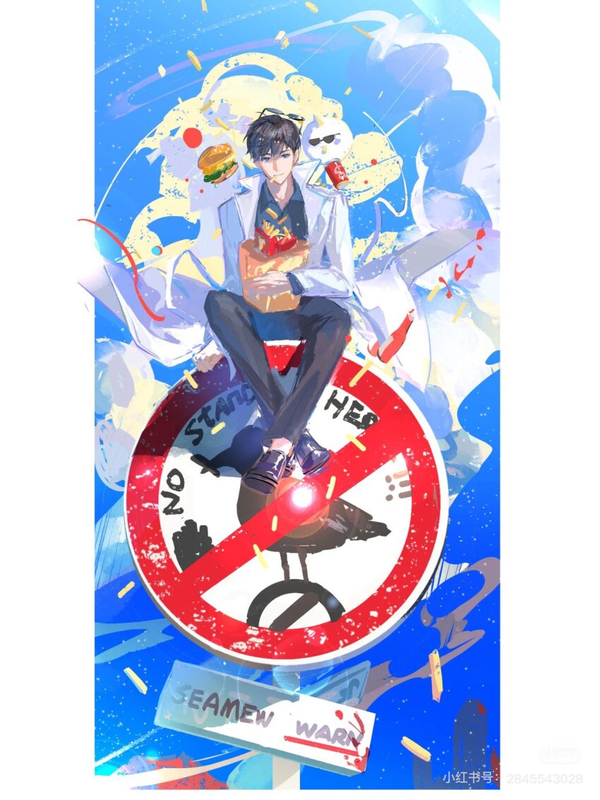 1boy bag black_hair black_shirt blue_eyes blue_sky border burger canvas_texture cloud cloudy_sky coat collared_shirt dokkaebi english_text eyewear_on_head floating_food food food_in_mouth french_fries full_body hair_between_eyes haze highres holding holding_bag ketchup ketchup_bottle kim_dokja lantercat light_particles looking_at_viewer male_focus omniscient_reader&#039;s_viewpoint pillarboxed ribbon road_sign shirt sign sitting sitting_on_object sky solo sparkle sunglasses sunlight white_border white_coat