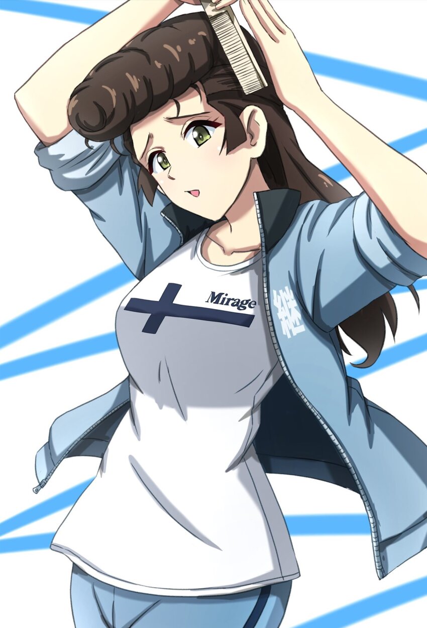 1girl adapted_costume blue_jacket blue_pants breasts brown_hair brushing_hair collarbone comb finnish_flag girls_und_panzer green_eyes highres holding holding_comb jacket keizoku_military_uniform large_breasts long_hair long_sleeves omachi_(slabco) open_clothes open_jacket pants pompadour shirt skirt sleeves_rolled_up track_jacket track_pants unworn_skirt unzipped white_background white_shirt white_undershirt yuri_(girls_und_panzer)
