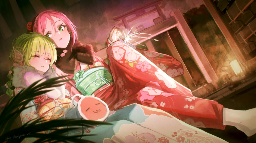 2girls alternate_costume aqua_kimono closed_eyes colored_bangs feet_out_of_frame fireworks floral_print floral_print_kimono green_eyes green_hair green_sash hair_between_eyes highres holding holding_fireworks japanese_clothes kimono leaning_on_person looking_to_the_side mocha_(osu!) multiple_girls nepperoni obi osu! parted_bangs parted_lips pink_hair pink_kimono pippi_(osu!) print_kimono ribbon sash second-party_source sitting sparkler torii white_ribbon yellow_sash