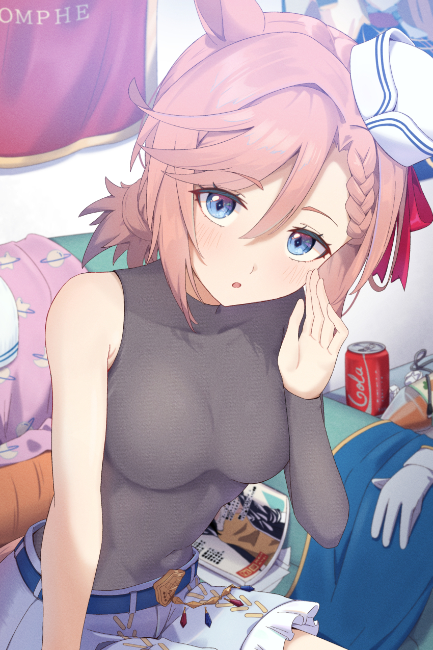 1girl animal_ears asymmetrical_bodysuit belt black_bodysuit blue_belt blue_eyes blush bodysuit braid braided_bangs brand_name_imitation breasts brown_hair can chahanramen covered_navel dixie_cup_hat drink_can frilled_shorts frills gloves hair_between_eyes hat highres horse_ears horse_girl looking_at_viewer medium_breasts military_hat ponytail shorts single_sleeve sitting soda_can solo umamusume unworn_gloves venus_paques_(umamusume) whispering white_gloves white_hat white_shorts