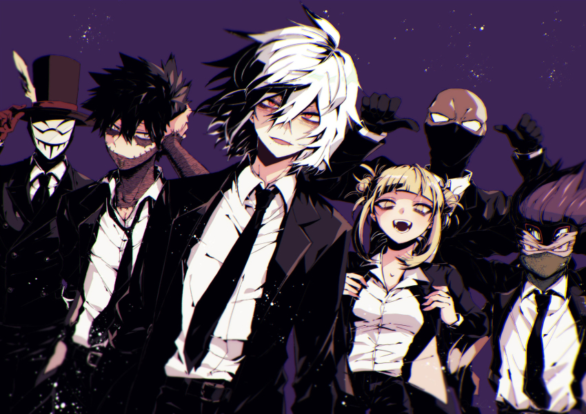 1girl 5boys :d anoko_(darenokoanoko) arm_up arms_behind_head arms_up bags_under_eyes belt belt_buckle black_belt black_gloves black_hair black_hat black_jacket black_mask black_necktie black_pants black_suit blonde_hair blue_eyes blunt_bangs boku_no_hero_academia breasts bubaigawara_jin buckle burn_scar buttons collared_shirt commentary_request covered_face cowboy_shot dabi_(boku_no_hero_academia) double-breasted double-parted_bangs double_bun dress_pants dress_shirt dutch_angle eye_mask formal_clothes gloves green_scales grin hair_between_eyes hair_bun hair_slicked_back hand_in_own_hair hand_on_headwear hat hat_feather hat_tip highres jacket lapels light_particles long_sleeves looking_at_another looking_at_viewer looking_to_the_side mask masked messy_hair mr._compress multiple_boys multiple_scars necktie notched_lapels open_clothes open_collar open_jacket open_mouth pants parted_lips pointing pointing_at_self purple_background purple_hair red_eyes red_gloves reptile_boy scar scar_across_eye scar_on_arm scar_on_face scar_on_mouth scar_on_neck shigaraki_tomura shirt shirt_tucked_in short_hair short_hair_with_long_locks sidelocks simple_background small_breasts smile spiked_hair spinner_(boku_no_hero_academia) stitched_face stitches suit suit_jacket teeth toga_himiko top_hat white_hair white_mask white_shirt wing_collar yellow_eyes