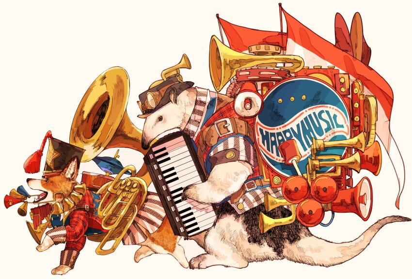 animal animal_focus anteater bell black_hat brown_eyes brown_hat clothed_animal dog drum drum_set flag from_side full_body goggles goggles_on_head hat highres holding holding_instrument instrument keyboard_(instrument) marching_band megaphone no_humans open_mouth original plaid_clothes plaid_vest profile red_vest shoulder_belt simple_background skirt striped_clothes striped_skirt tail tassel tonbippo08 trumpet vest welsh_corgi white_background white_skirt