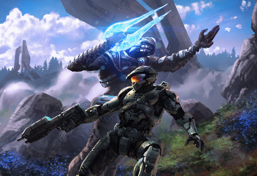 2boys arbiter armor assault_rifle assault_visor bullpup energy energy_sword energy_weapon fighting_stance green_armor gun halo_(series) halo_installation helmet highres holding holding_gun holding_sword holding_weapon isaac_hannaford ma5 master_chief multiple_boys official_art orange_visor plasma_sword power_armor rifle science_fiction spartan_(halo) sword thel&#039;vadam weapon