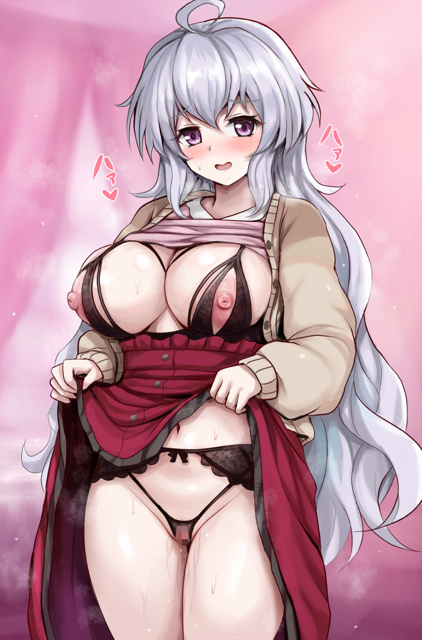 1girl alternate_hairstyle areola_slip blush bra breasts censored clothes_lift cupless_bra embarrassed grey_hair highres lace_trim large_areolae large_breasts long_hair open_mouth pink_eyes presenting r-binon senki_zesshou_symphogear shirt_lift skirt skirt_lift smile sweat underwear yukine_chris yukine_chris_(another)