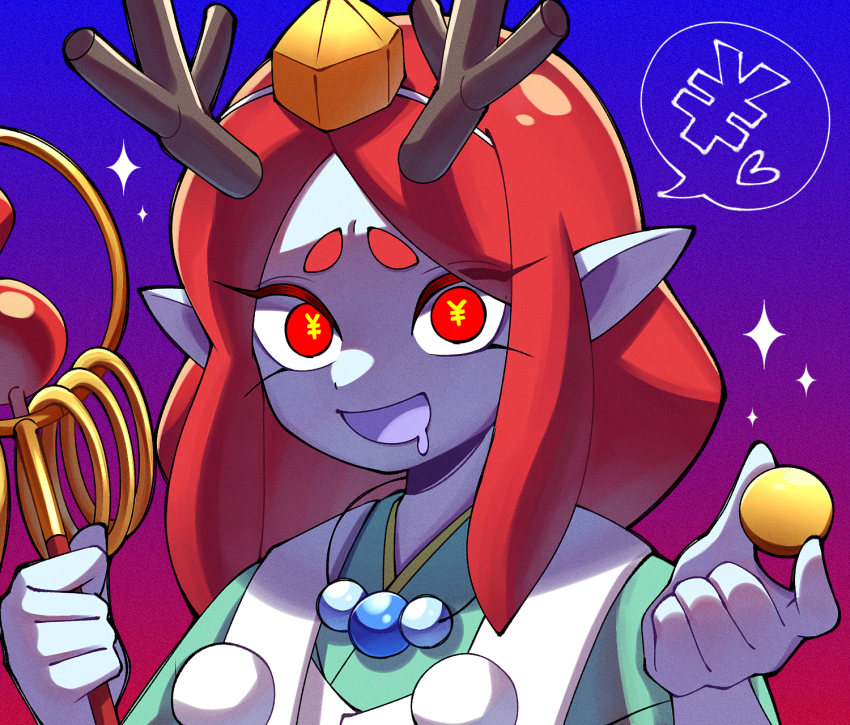 antlers character_request colored_skin drooling gradient_background hat heart highres holding horns looking_at_viewer open_mouth pipiko. pointy_ears purple_skin red_eyes red_hair solo speech_bubble tengu tokin_hat yen_sign youkai_watch